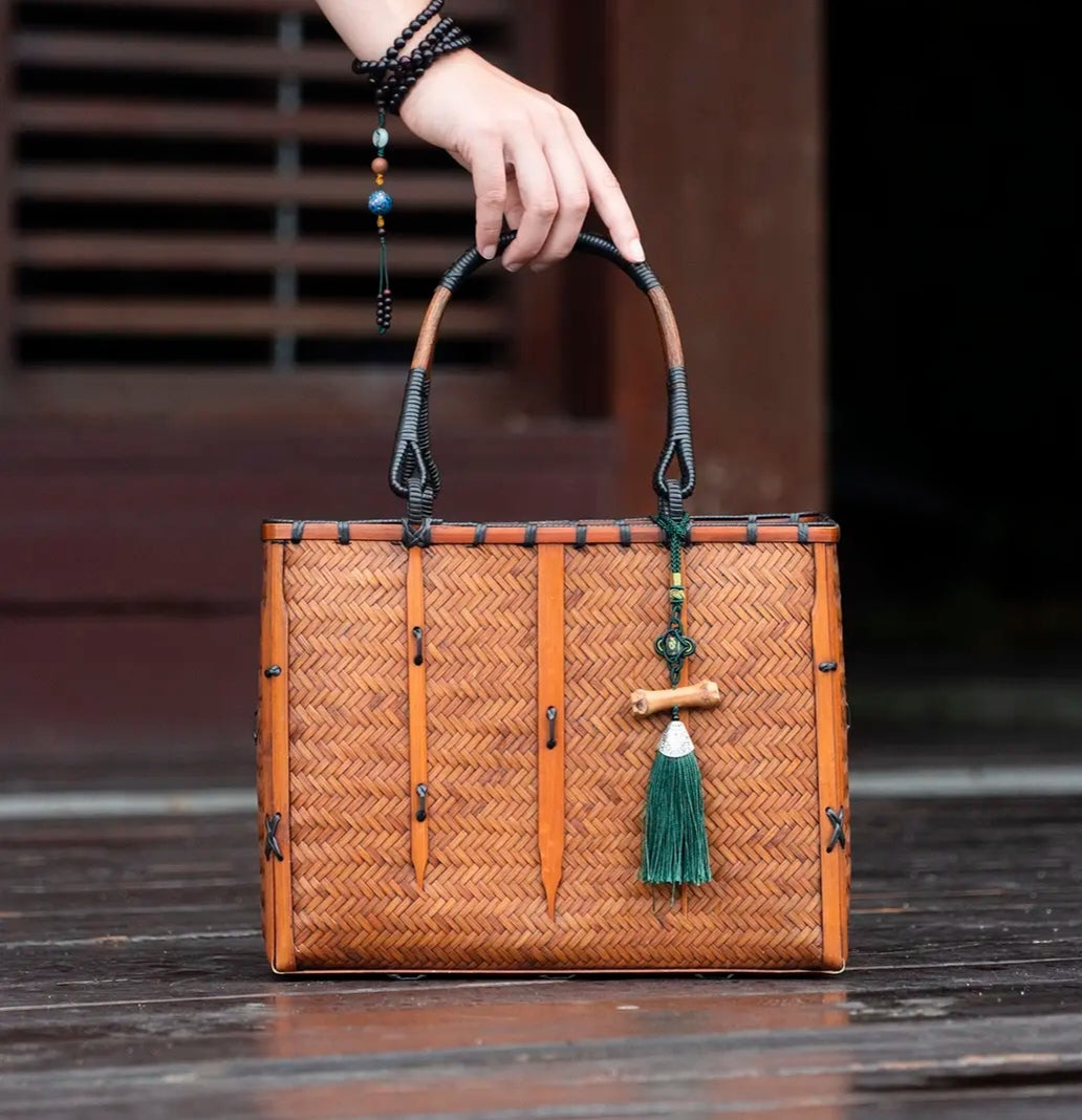 Handwoven Bamboo Tote Bag with Silk Tassel | Oriental Artisan