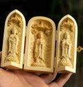 Palm-sized Buddhist Shrine, Hand-carved Three-panel Wooden Buddha Box
