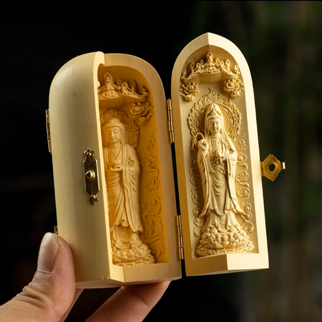 Palm-sized Buddhist Shrine, Hand-carved Three-panel Wooden Buddha Box
