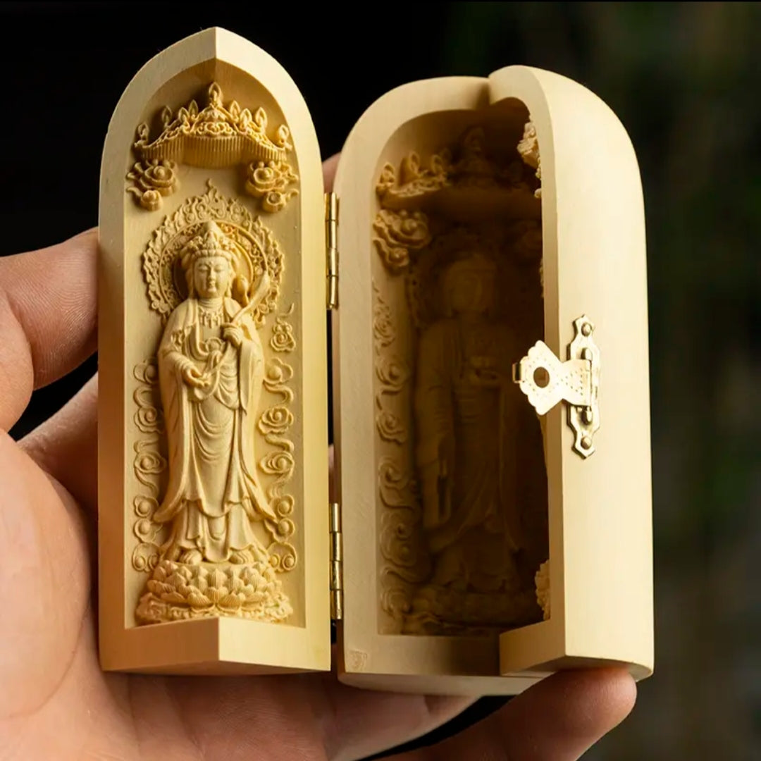 Palm-sized Buddhist Shrine, Hand-carved Three-panel Wooden Buddha Box