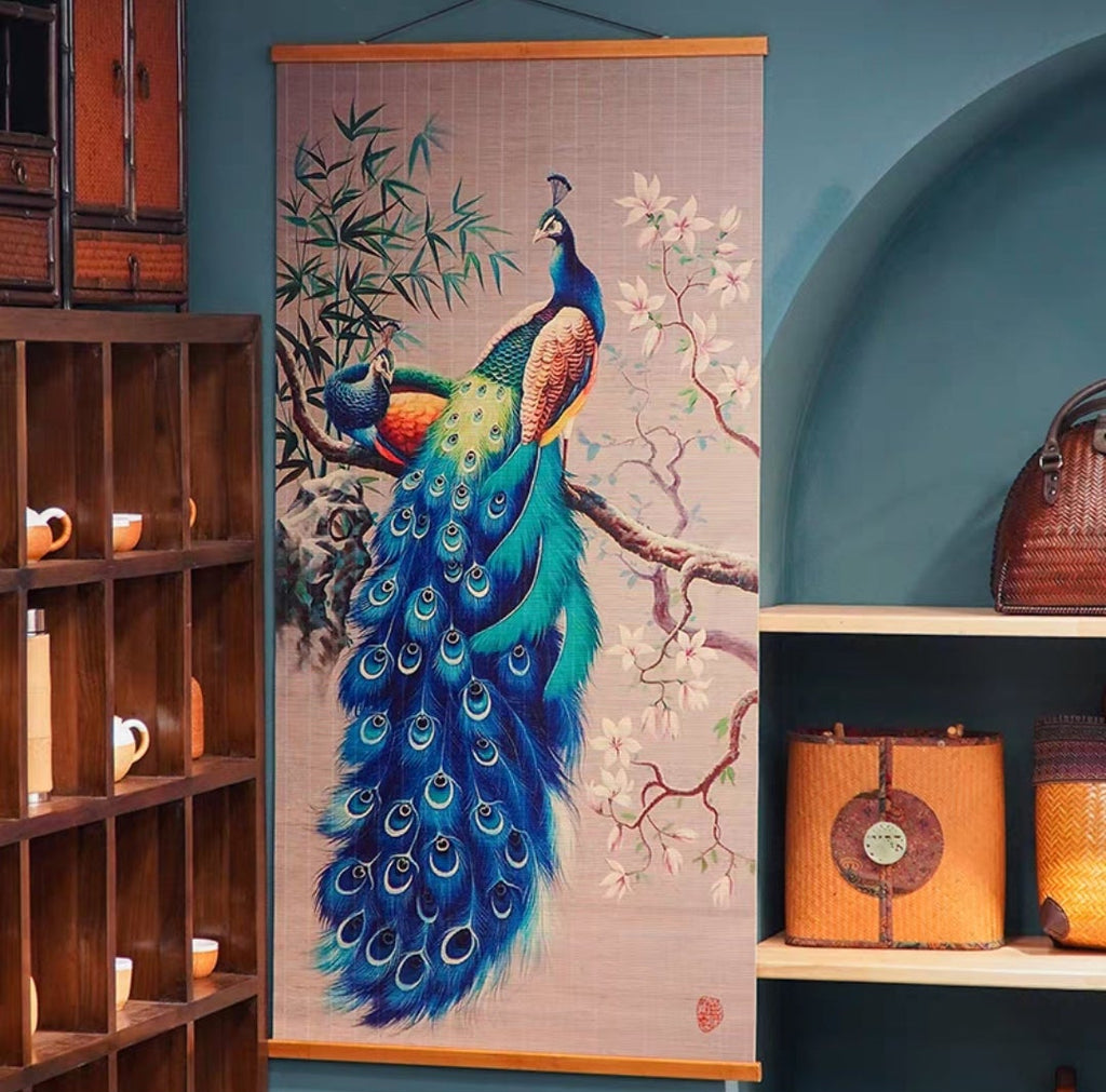 Peacock Painting on Bamboo Curtain
