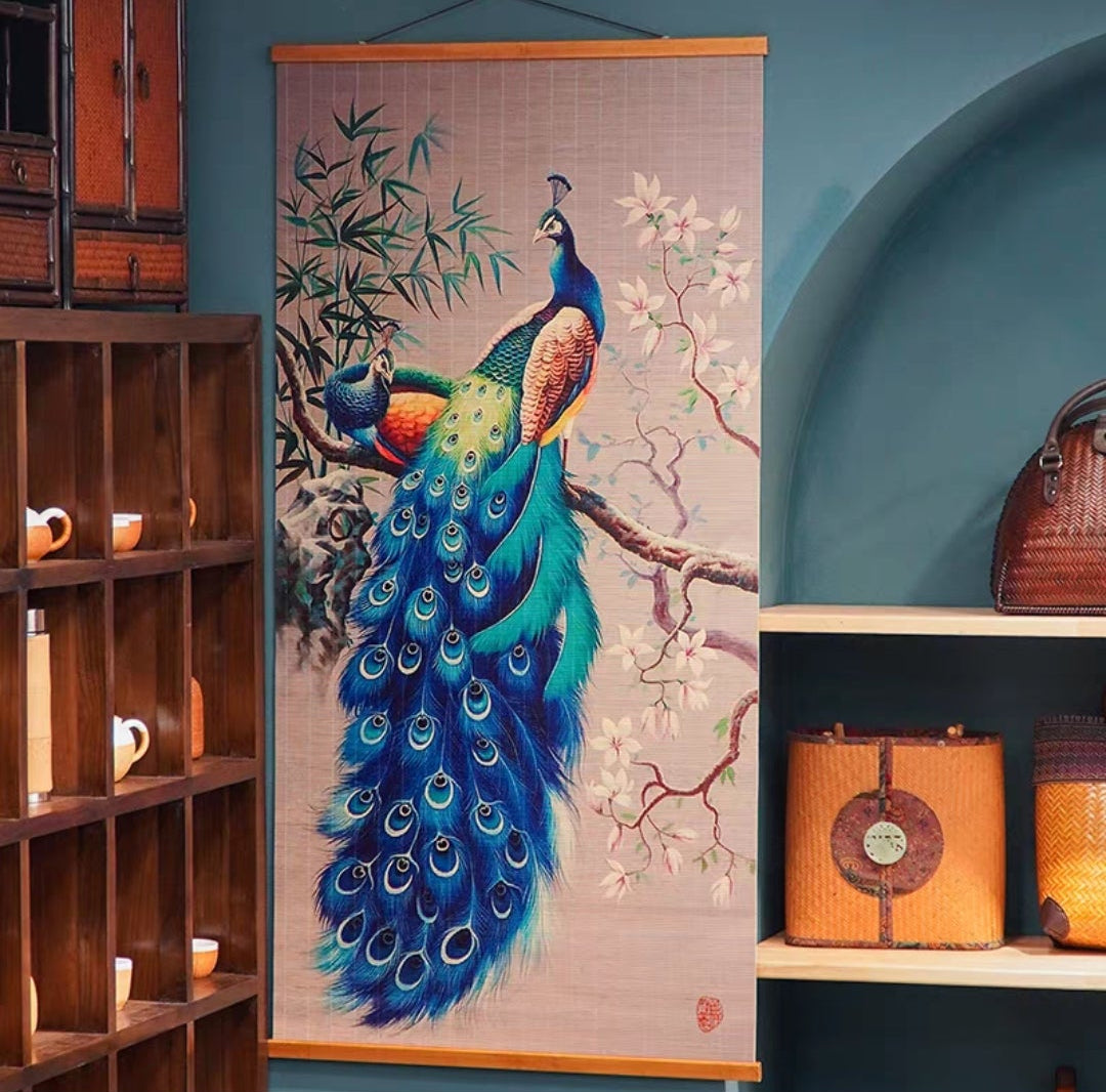 Peacock Painting on Bamboo Curtain