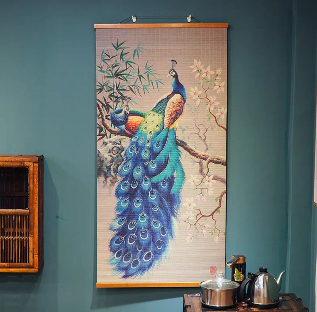 Peacock Painting on Bamboo Curtain