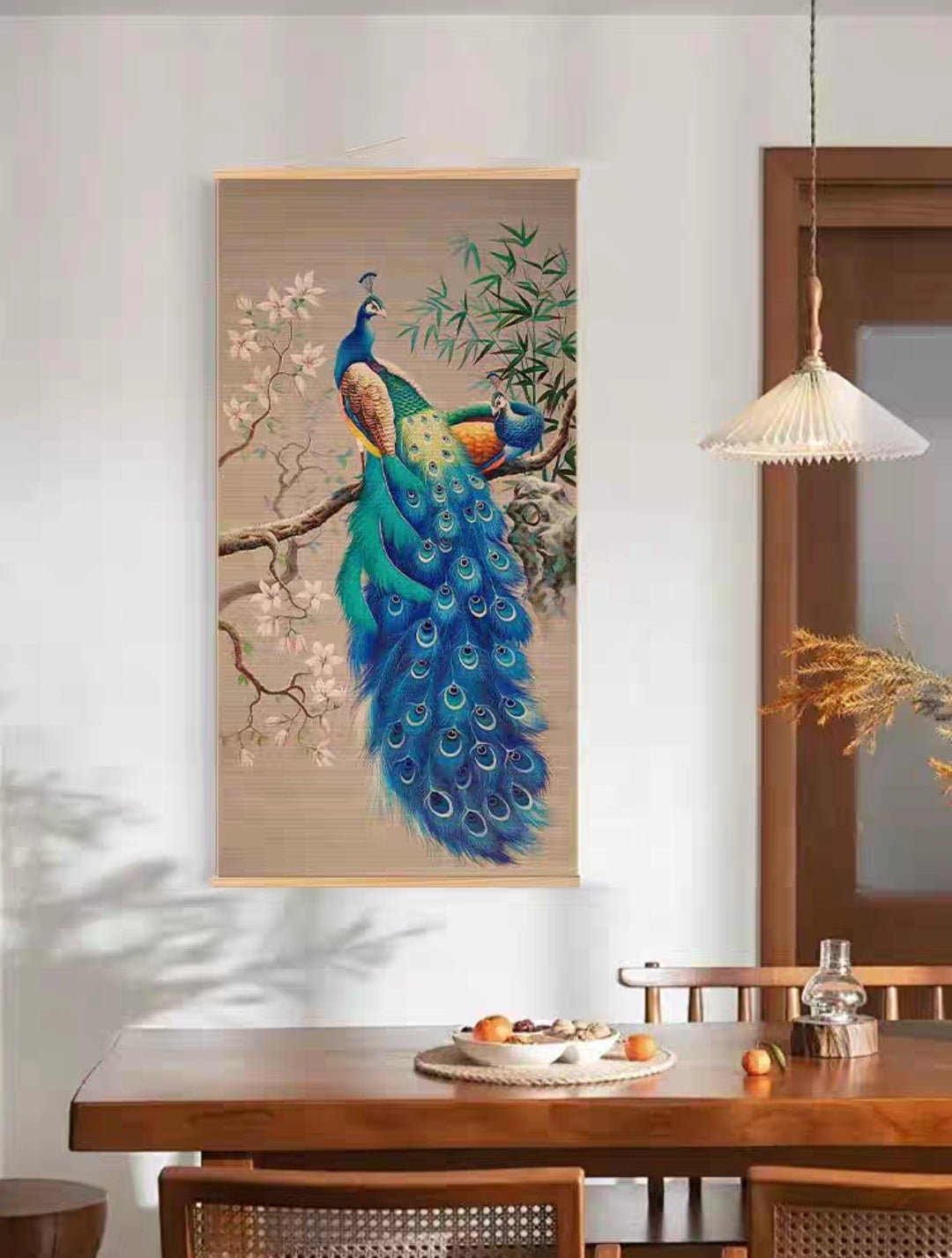 Peacock Painting on Bamboo Curtain