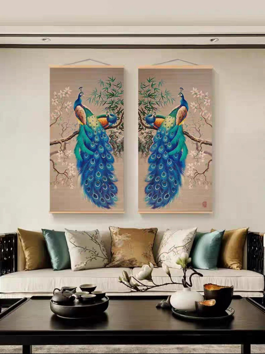 Peacock Painting on Bamboo Curtain