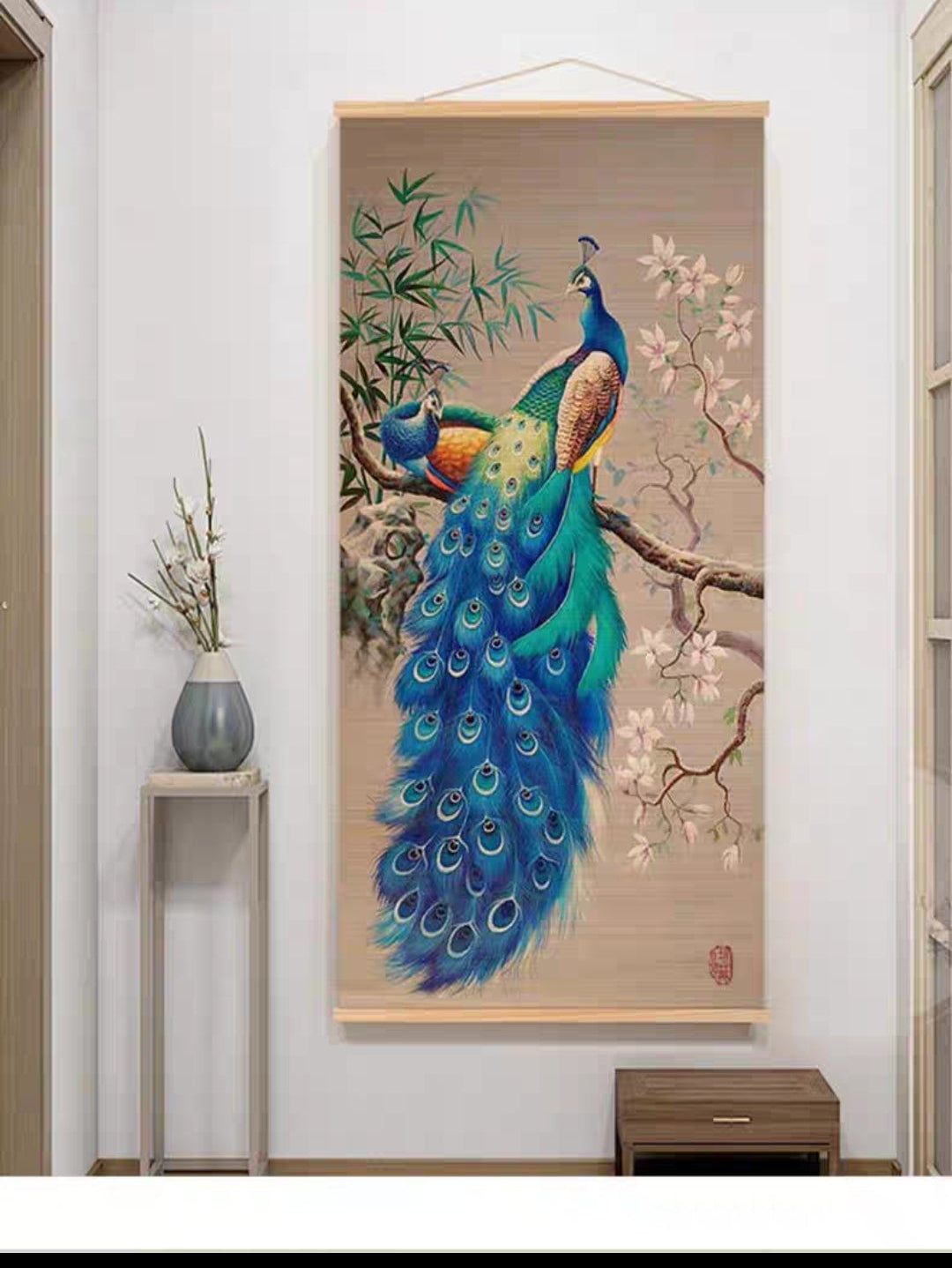 Peacock Painting on Bamboo Curtain