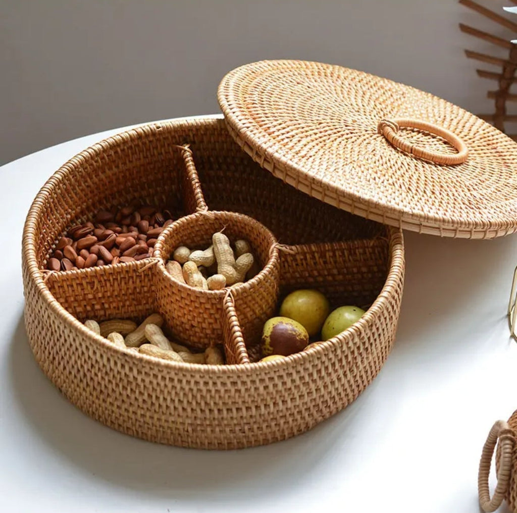 Handwoven Rattan Round Storage Box with Lid & 5 Compartments
