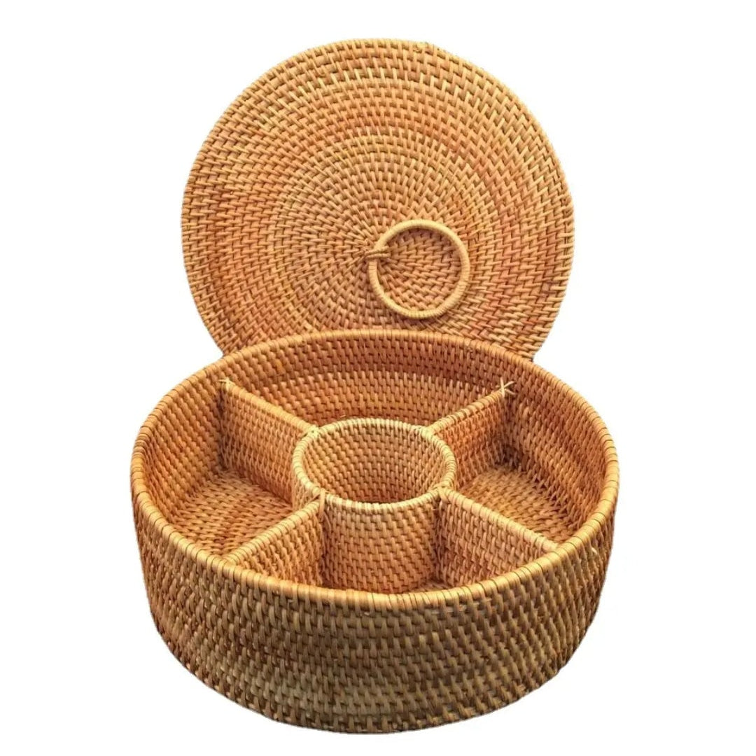 Handwoven Rattan Round Storage Box with Lid & 5 Compartments