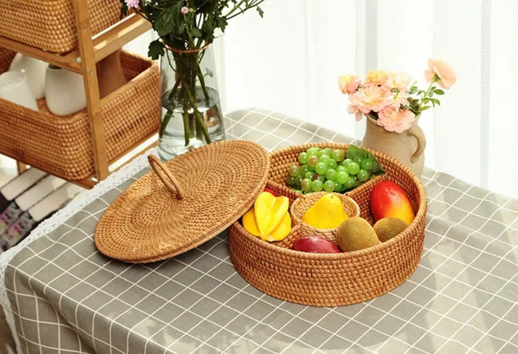 Handwoven Rattan Round Storage Box with Lid & 5 Compartments