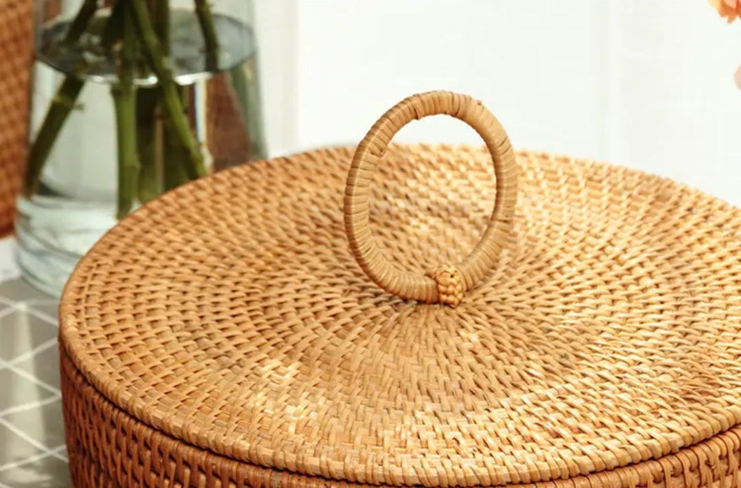 Handwoven Rattan Round Storage Box with Lid & 5 Compartments
