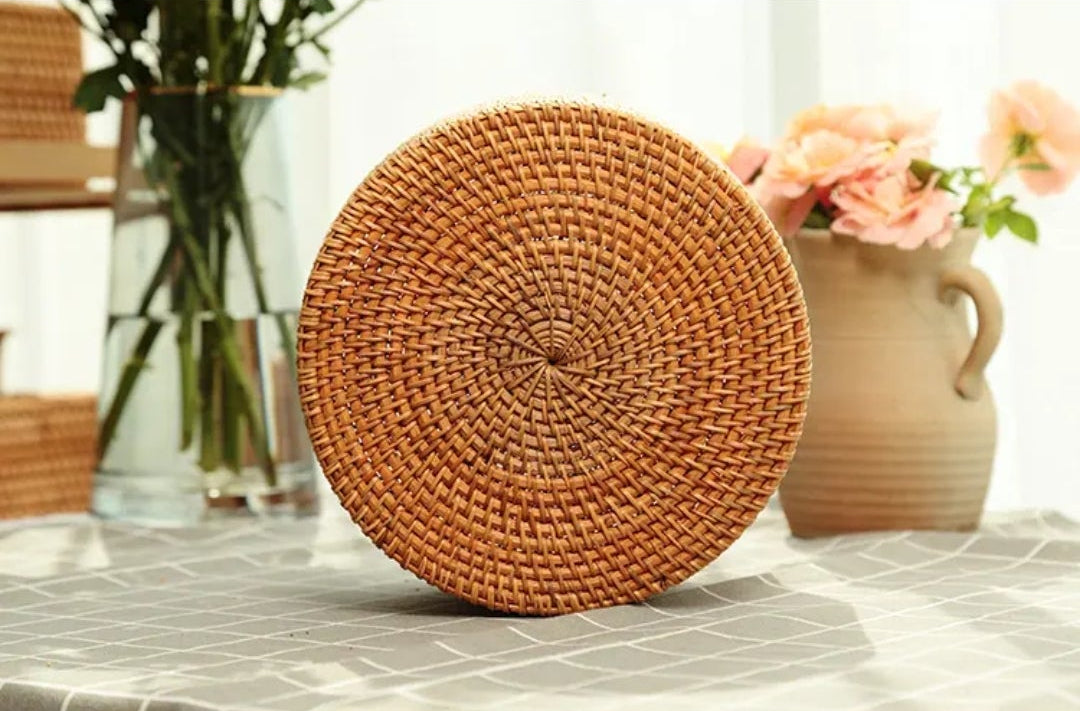 Handwoven Rattan Round Storage Box with Lid & 5 Compartments