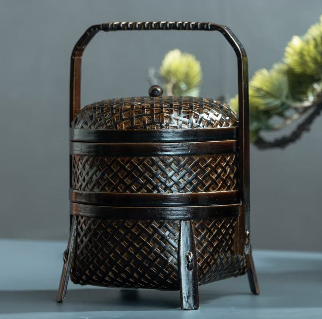 Vintage Double-Layer Bamboo Woven Basket with Carrying Handle