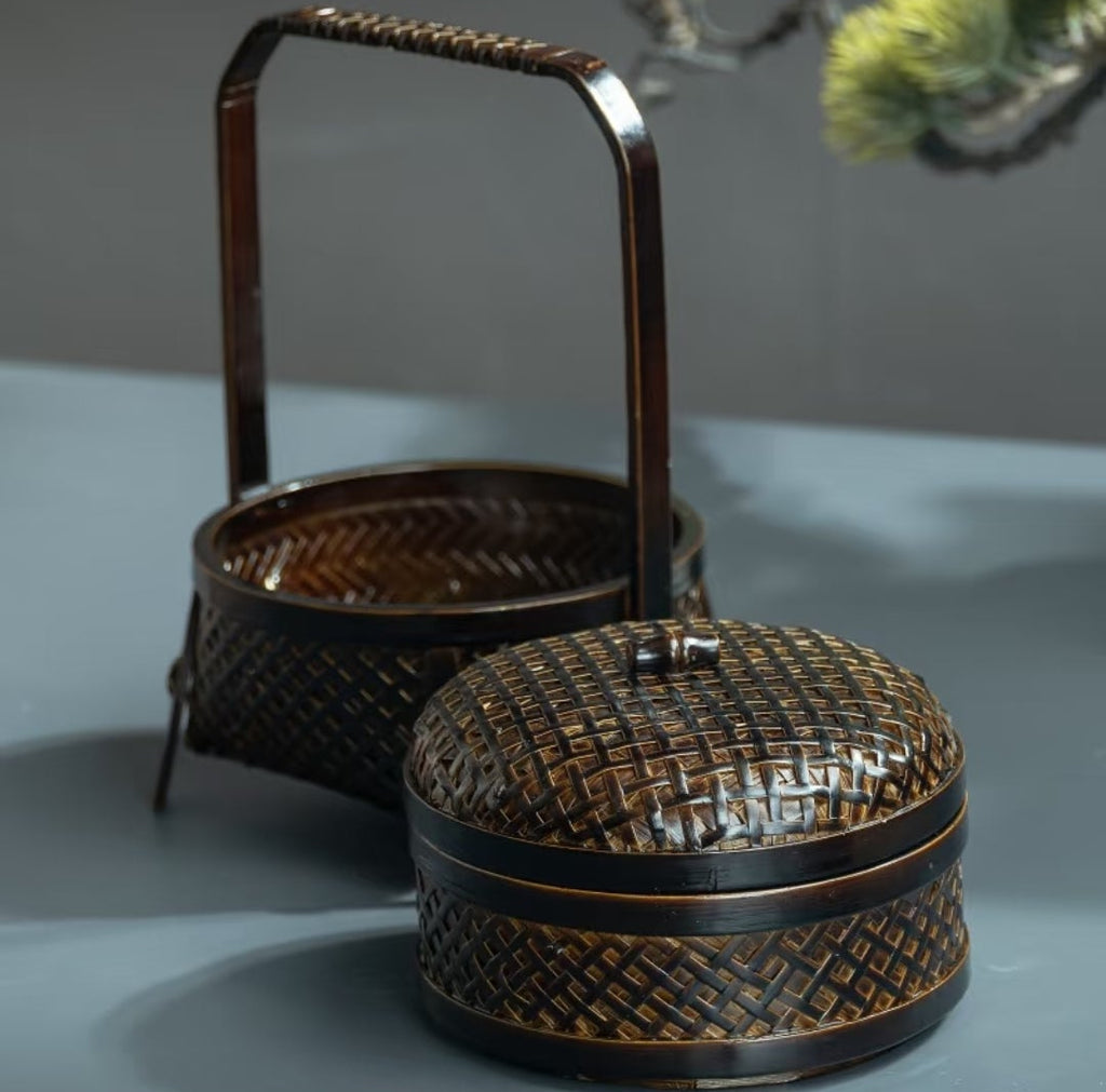 Vintage Double-Layer Bamboo Woven Basket with Carrying Handle