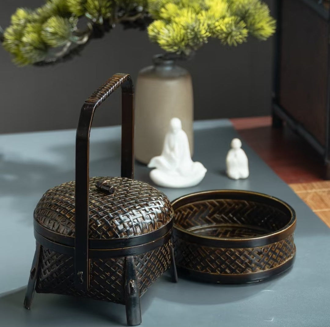 Vintage Double-Layer Bamboo Woven Basket with Carrying Handle