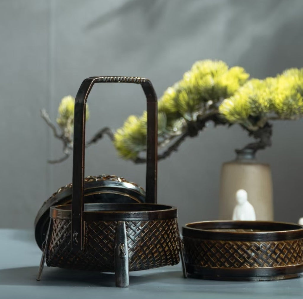 Vintage Double-Layer Bamboo Woven Basket with Carrying Handle