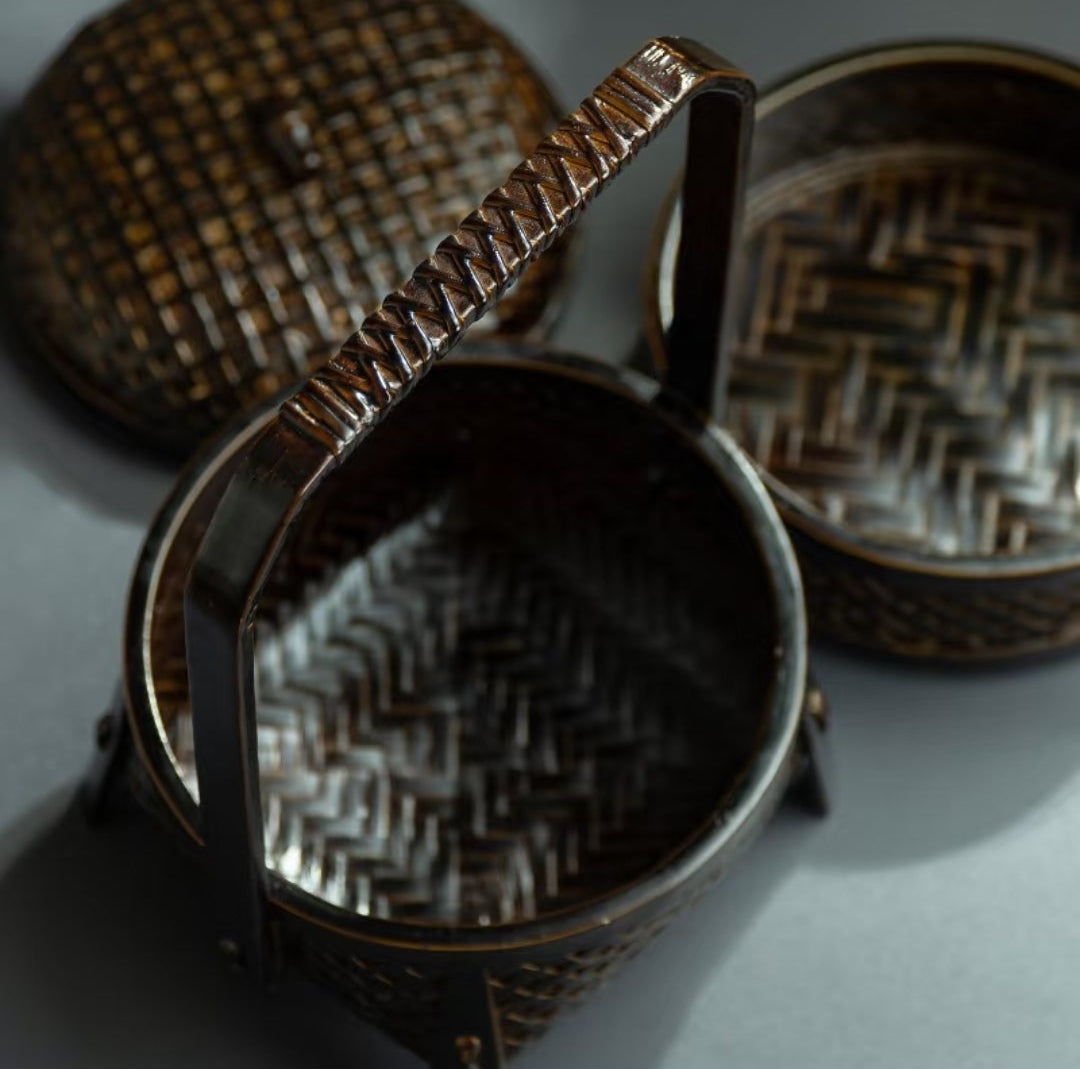 Vintage Double-Layer Bamboo Woven Basket with Carrying Handle