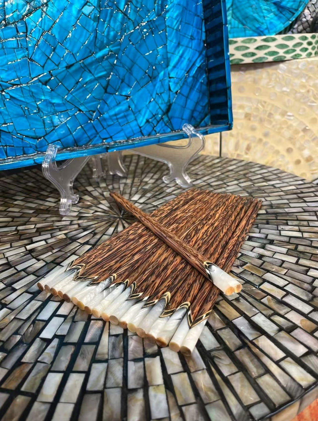 Natural Aged Coconut Wood Chopsticks with Shell Inlay