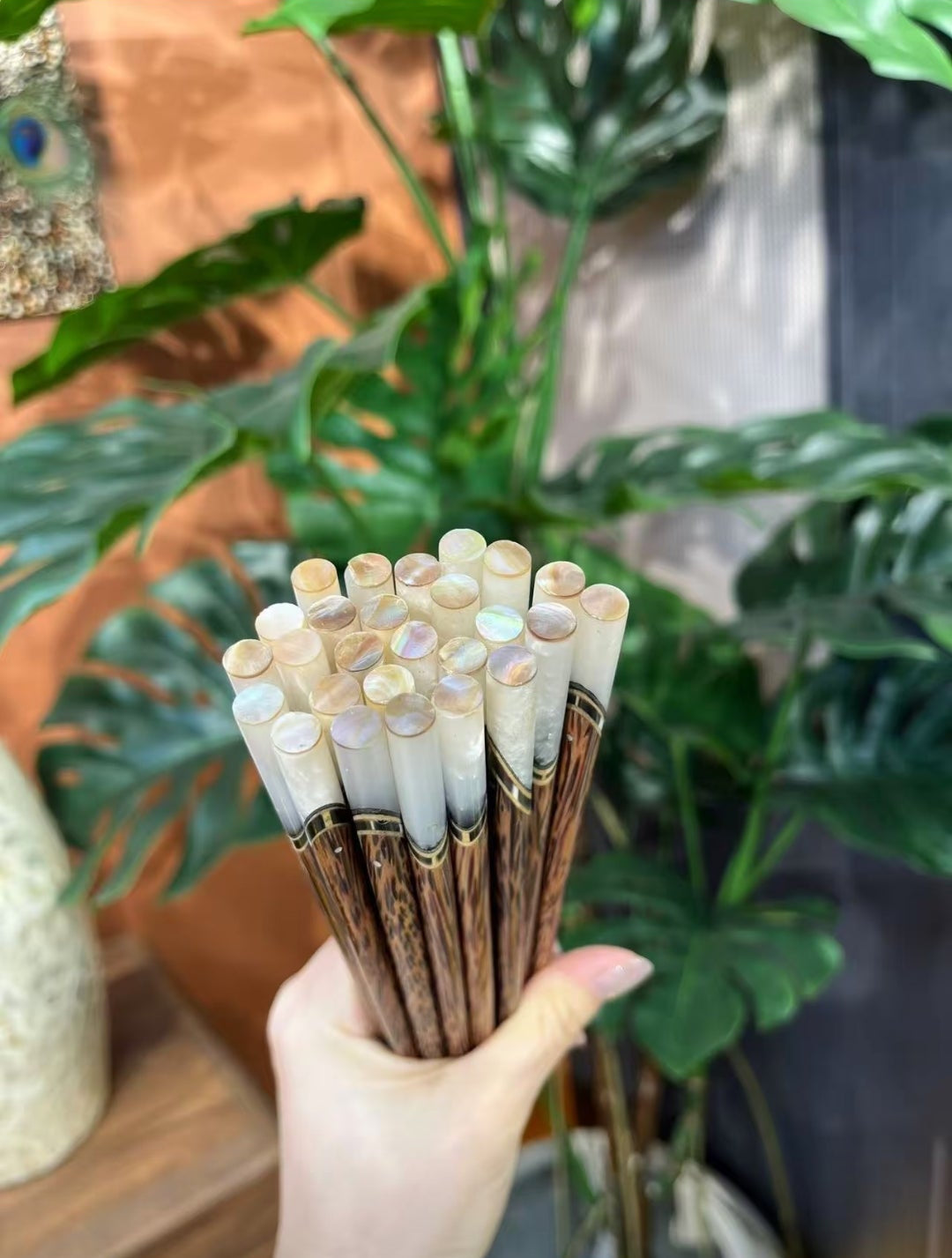 Natural Aged Coconut Wood Chopsticks with Shell Inlay