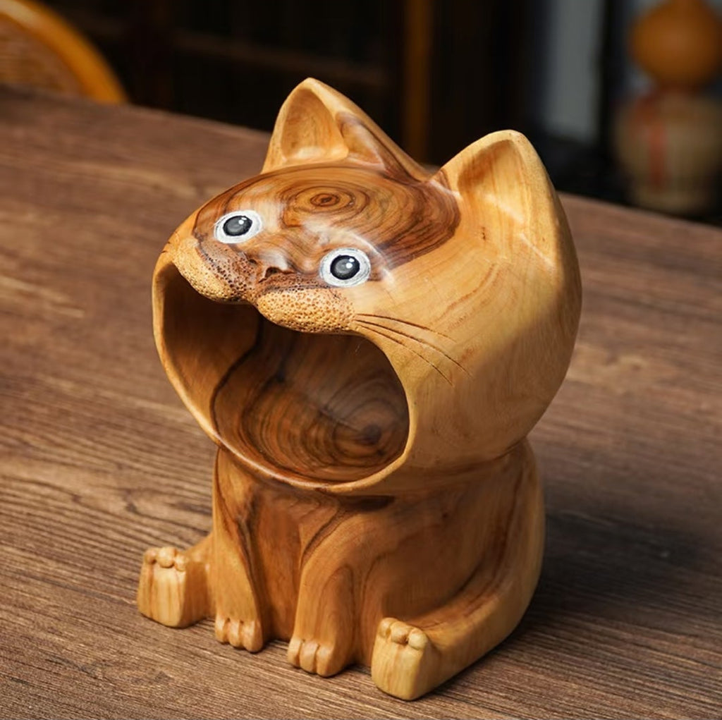 Hand-Carved Camphor Wood Cat Sculpture | Natural Aromatic Wood Art