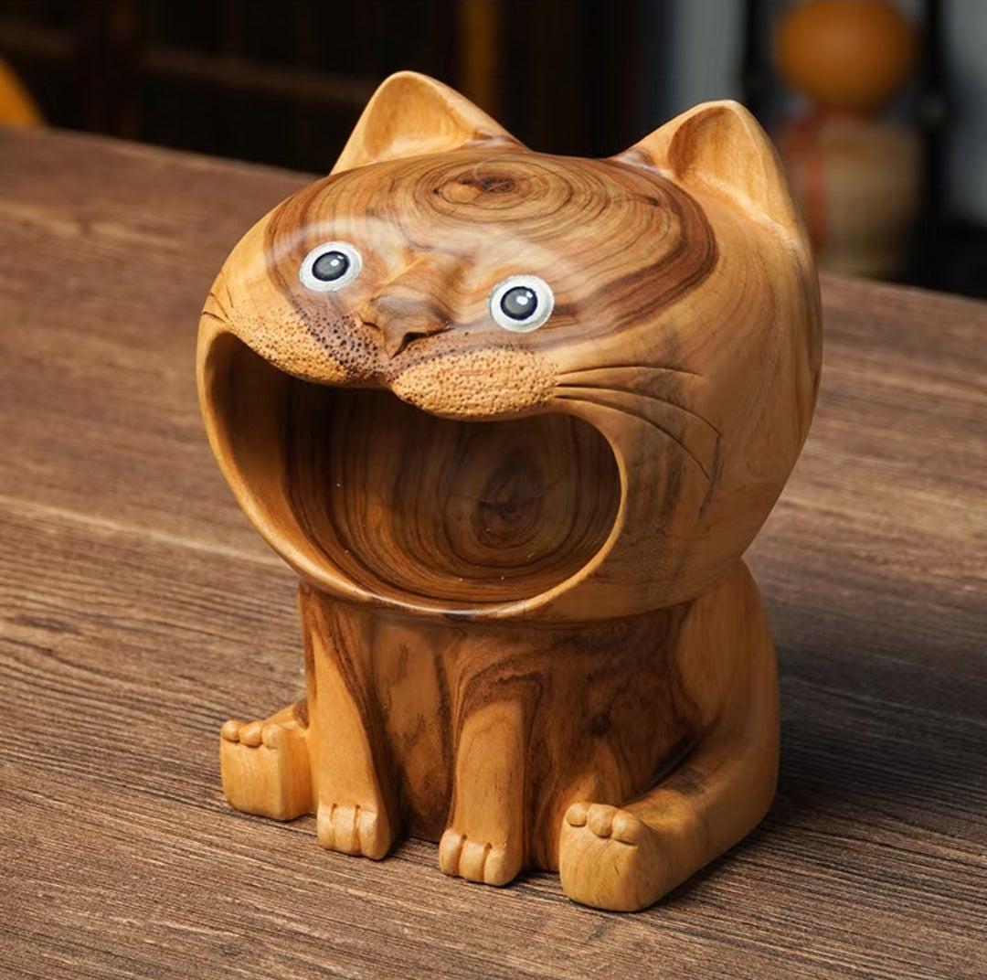 Hand-Carved Camphor Wood Cat Sculpture | Natural Aromatic Wood Art