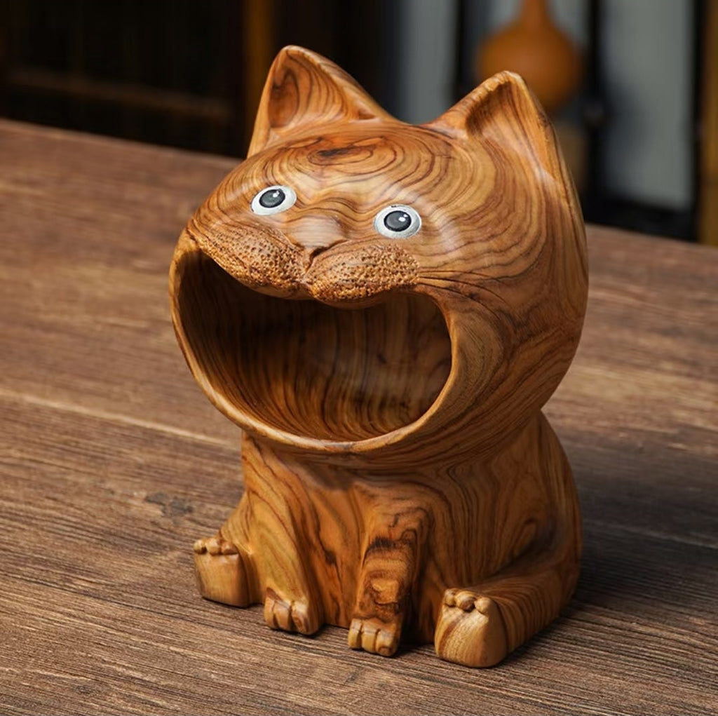 Hand-Carved Camphor Wood Cat Sculpture | Natural Aromatic Wood Art