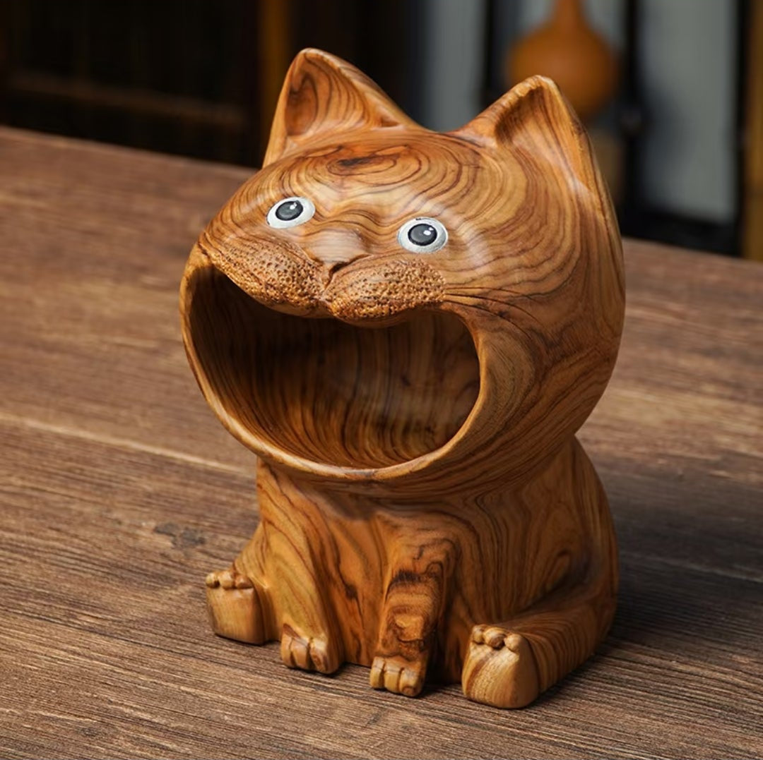 Hand-Carved Camphor Wood Cat Sculpture | Natural Aromatic Wood Art