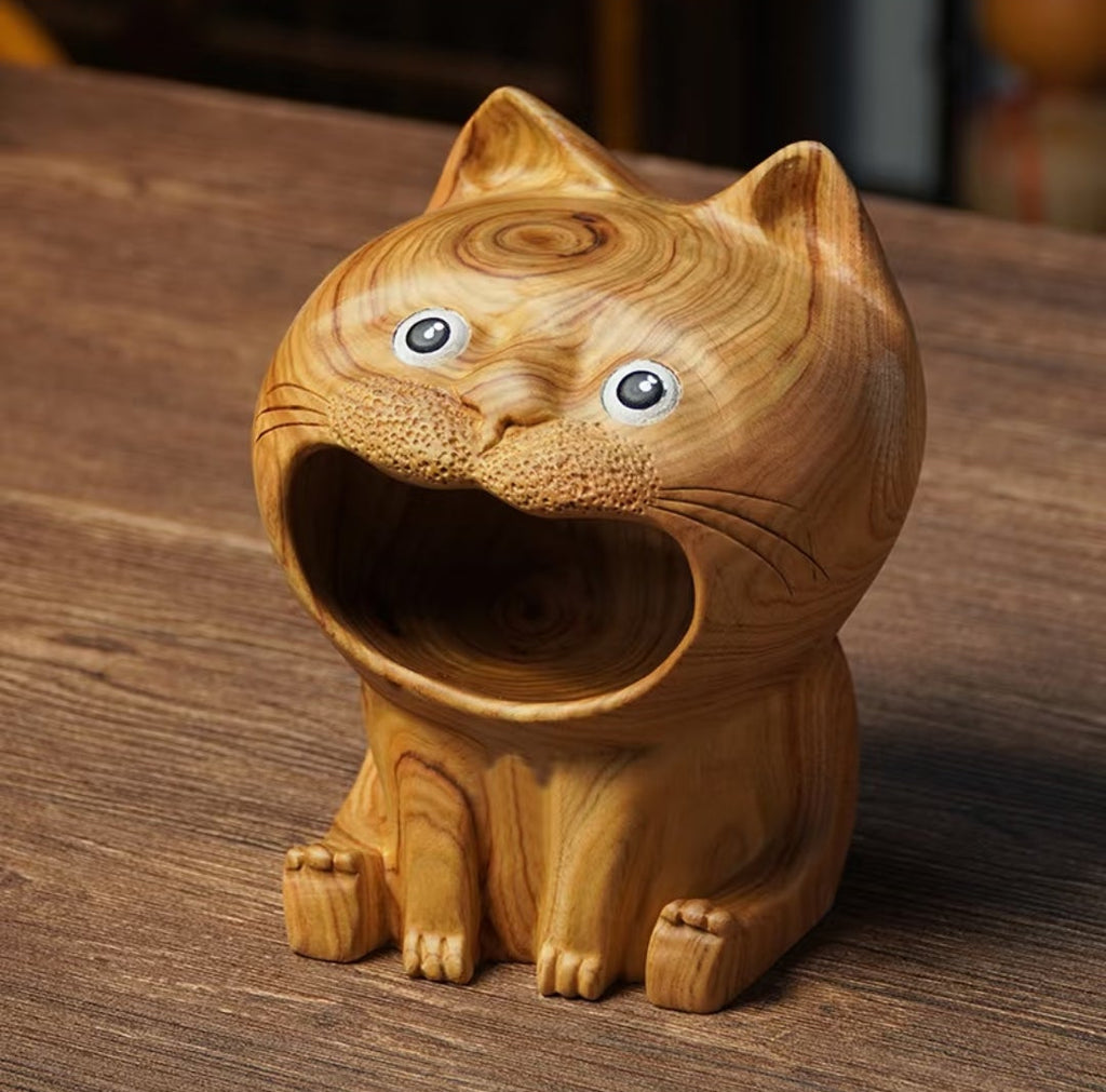 Hand-Carved Camphor Wood Cat Sculpture | Natural Aromatic Wood Art