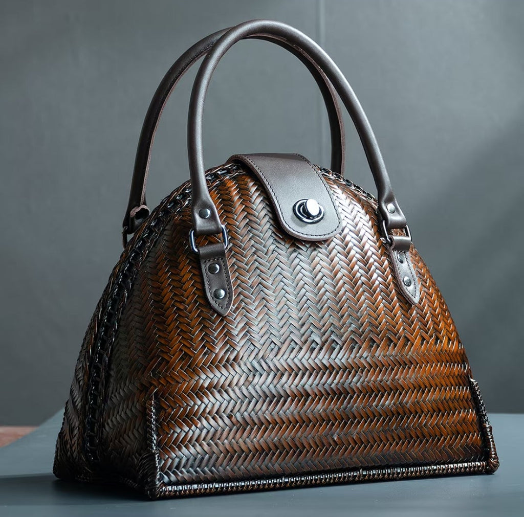 Handwoven Bamboo Shell Bag with Leather Handles | Artisan Dome Handbag