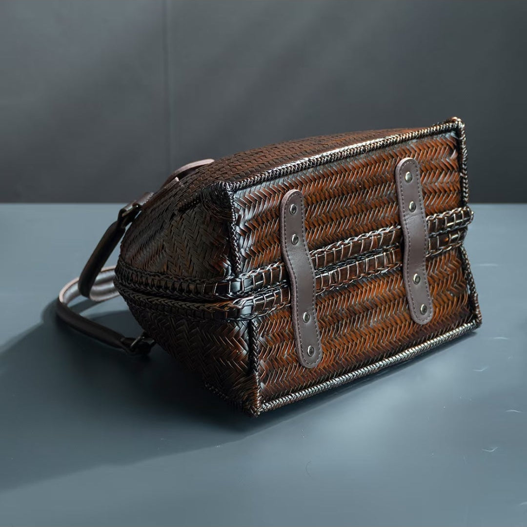 Handwoven Bamboo Shell Bag with Leather Handles | Artisan Dome Handbag