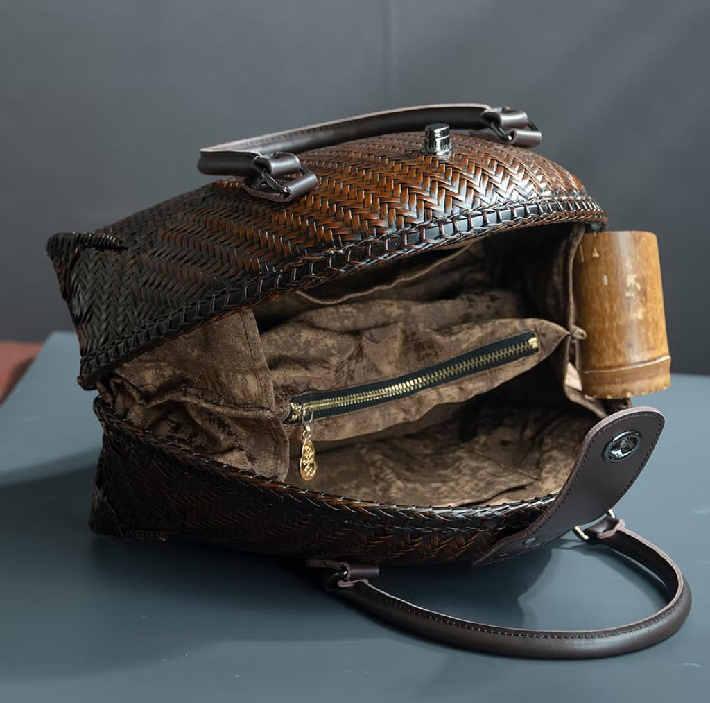 Handwoven Bamboo Shell Bag with Leather Handles | Artisan Dome Handbag