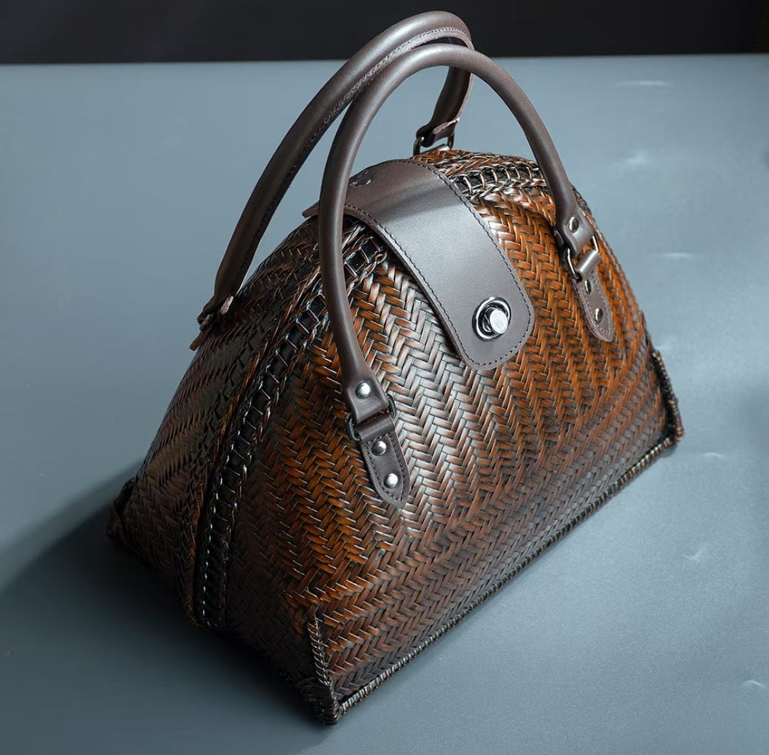 Handwoven Bamboo Shell Bag with Leather Handles | Artisan Dome Handbag