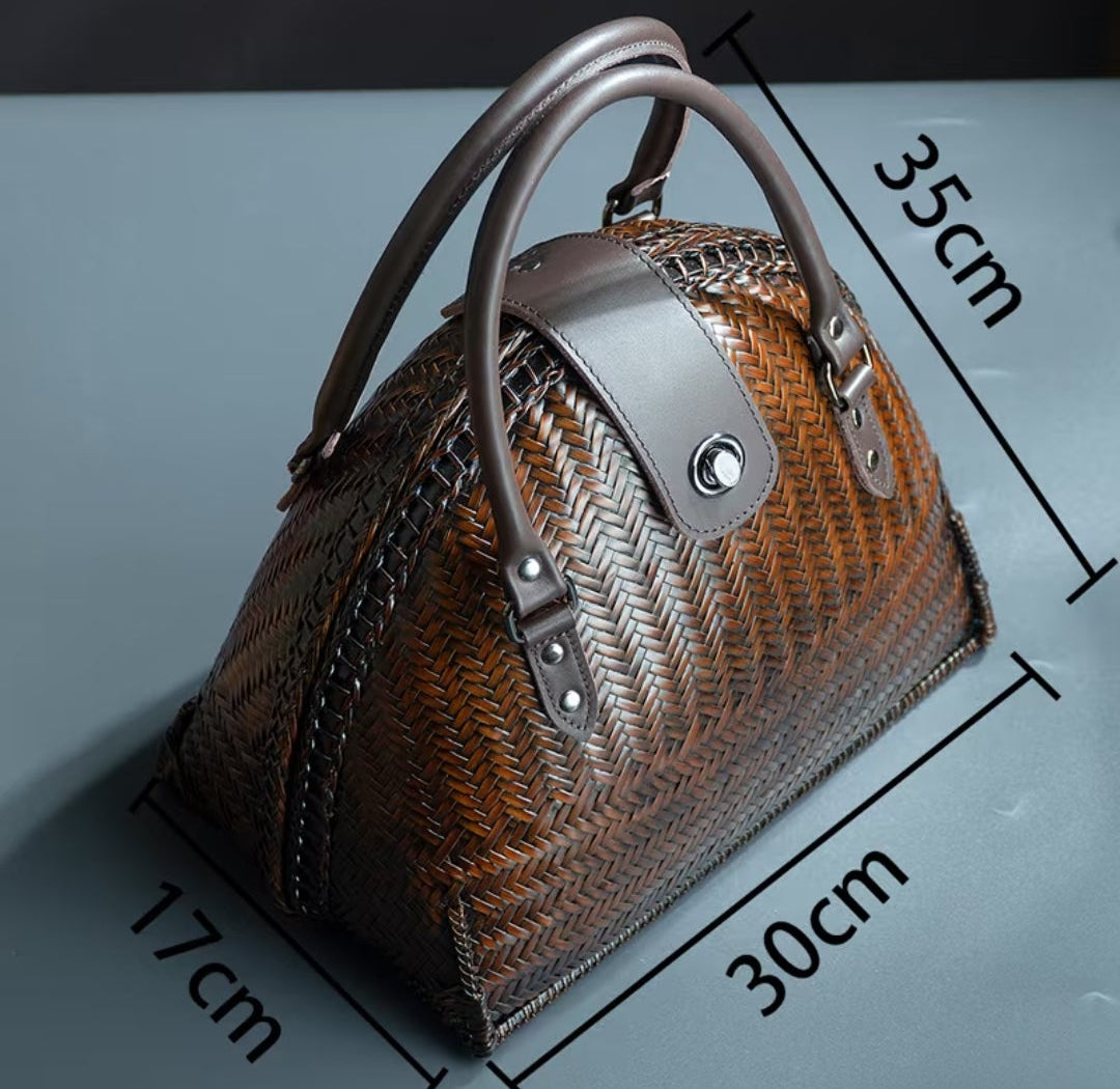 Handwoven Bamboo Shell Bag with Leather Handles | Artisan Dome Handbag