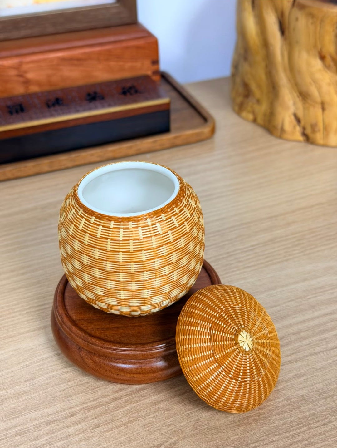 Handwoven Bamboo Silk Porcelain Mini Jar | Traditional Chinese Craft