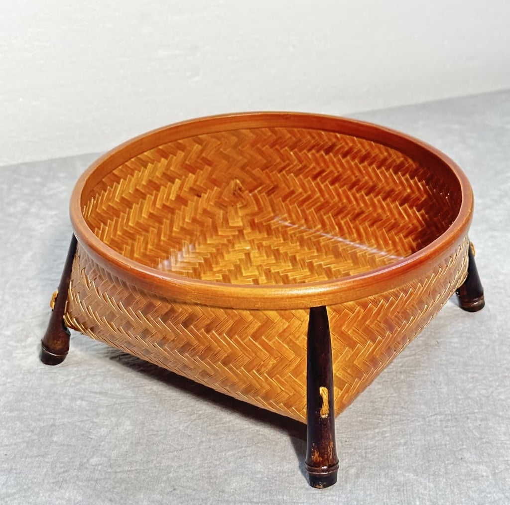 Handwoven Bamboo Fruit Basket with Footed Stand | Herringbone Weave