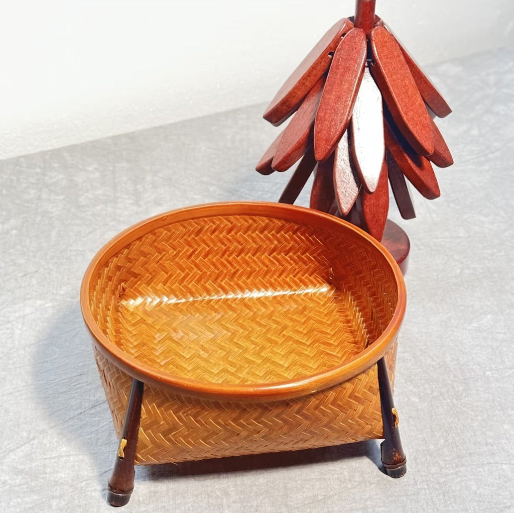 Handwoven Bamboo Fruit Basket with Footed Stand | Herringbone Weave