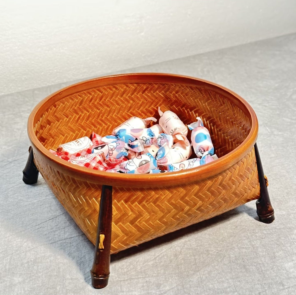 Handwoven Bamboo Fruit Basket with Footed Stand | Herringbone Weave