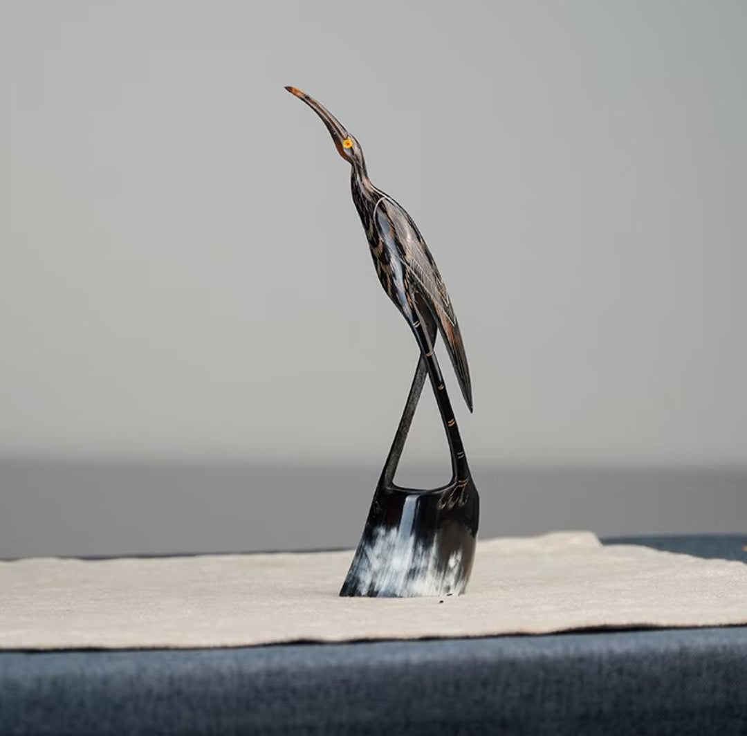 Hand-Carved Buffalo Horn Heron Sculpture | Oriental Wildlife Art
