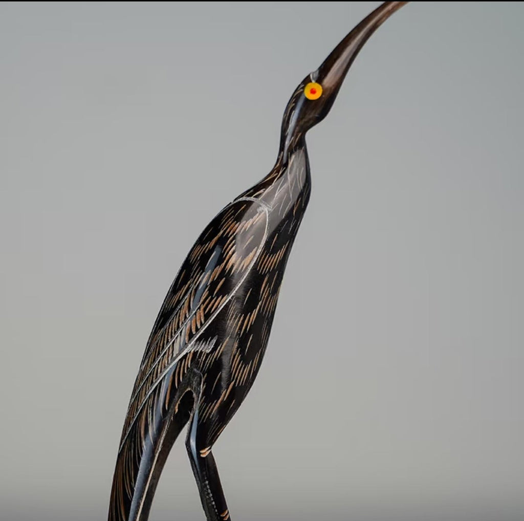 Hand-Carved Buffalo Horn Heron Sculpture | Oriental Wildlife Art