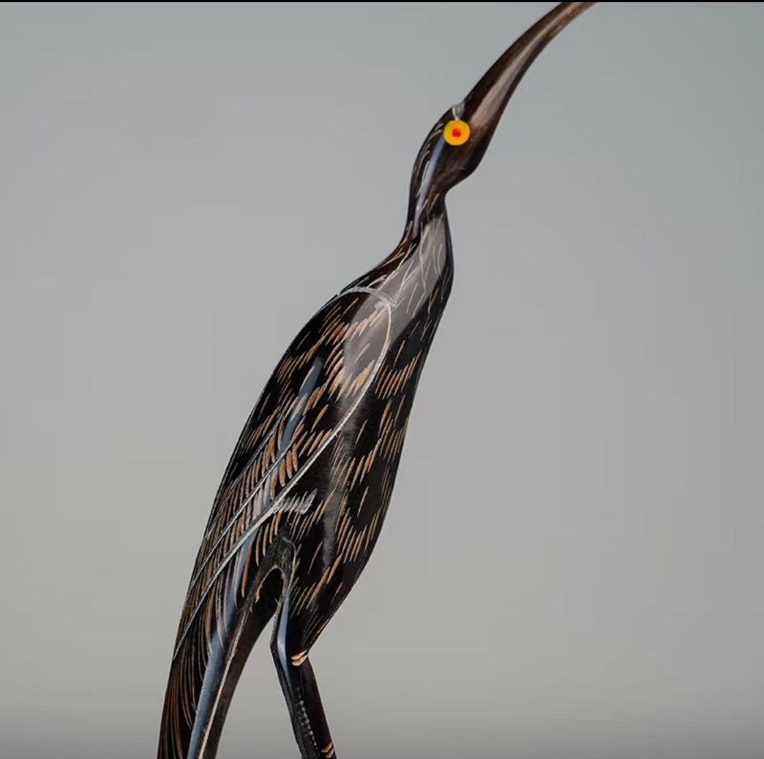 Hand-Carved Buffalo Horn Heron Sculpture | Oriental Wildlife Art
