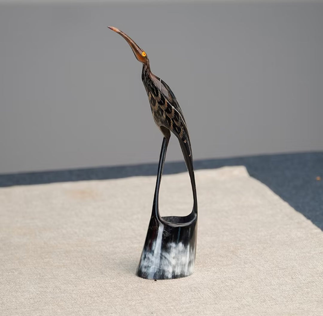 Hand-Carved Buffalo Horn Heron Sculpture | Oriental Wildlife Art
