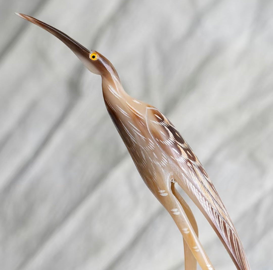 Hand-Carved Buffalo Horn Heron Sculpture | Oriental Wildlife Art