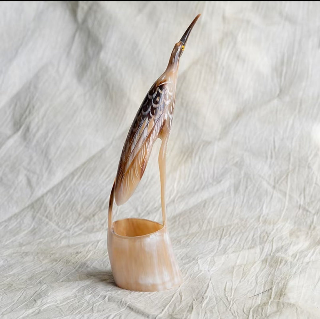 Hand-Carved Buffalo Horn Heron Sculpture | Oriental Wildlife Art