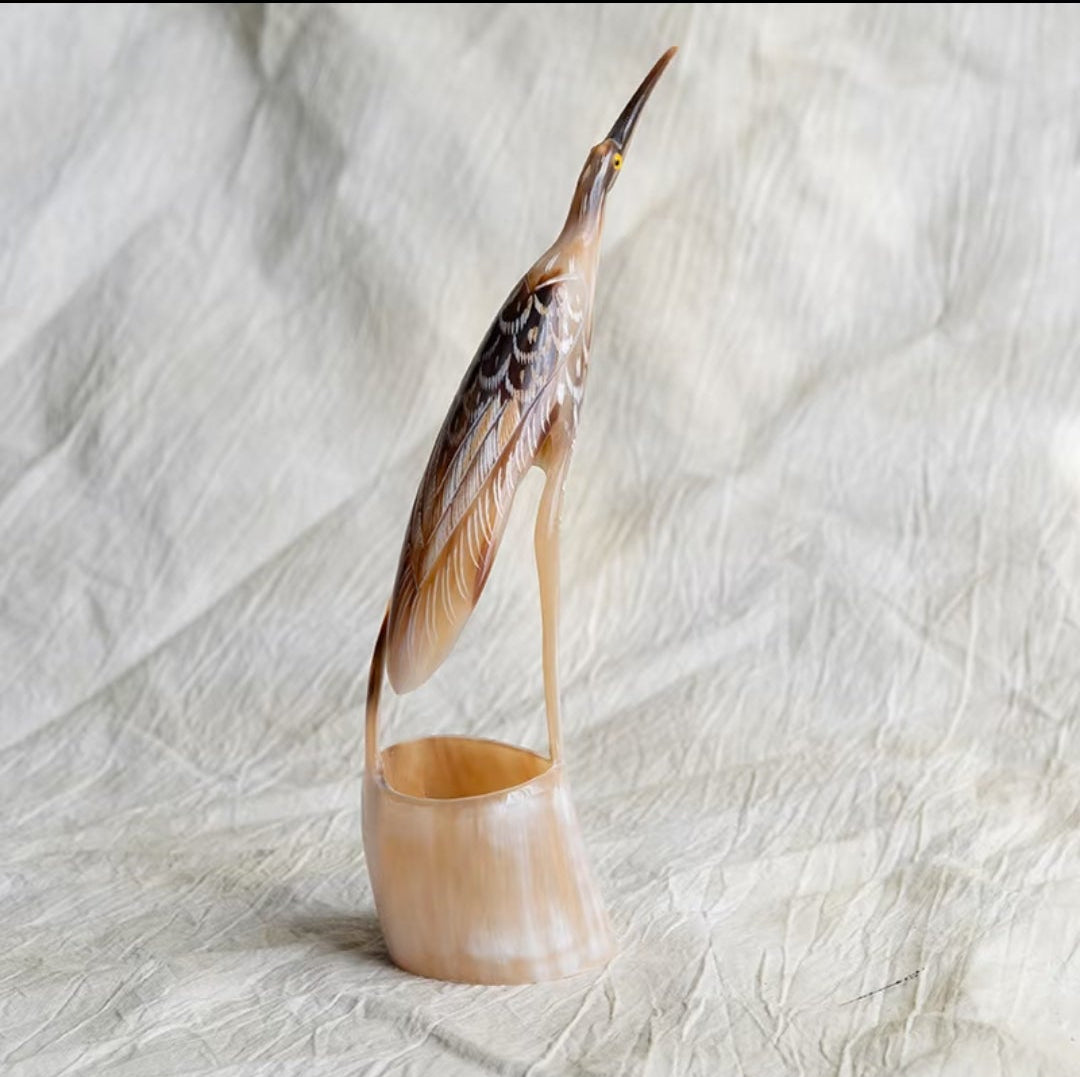 Hand-Carved Buffalo Horn Heron Sculpture | Oriental Wildlife Art
