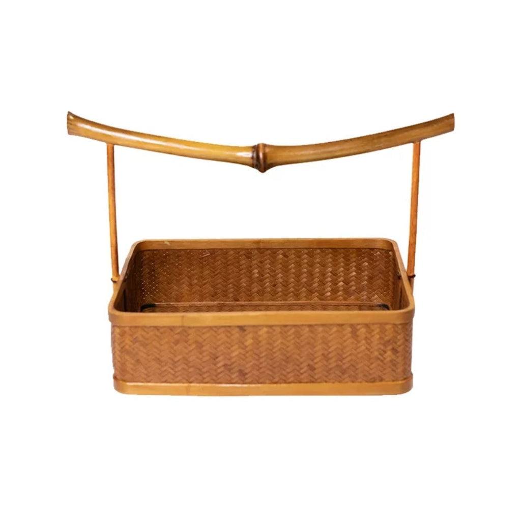 Handwoven Bamboo Tote Basket with Qiong Bamboo Arch Handle | Tea Ceremony Basket