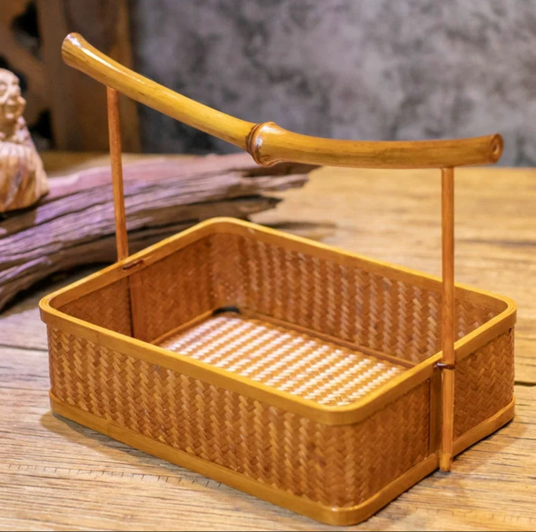 Handwoven Bamboo Tote Basket with Qiong Bamboo Arch Handle | Tea Ceremony Basket