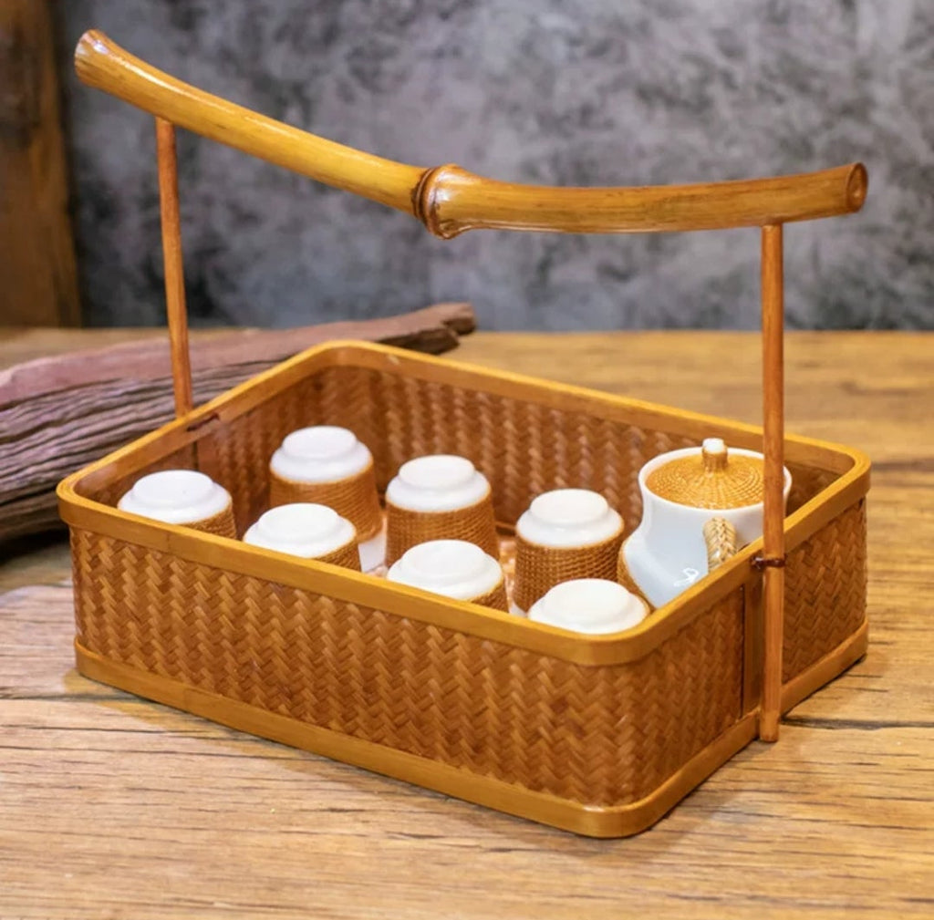 Handwoven Bamboo Tote Basket with Qiong Bamboo Arch Handle | Tea Ceremony Basket