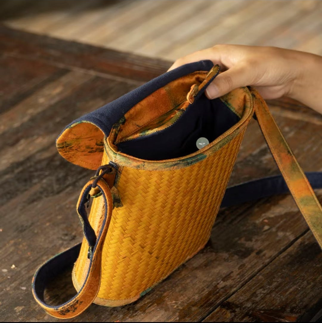 Handwoven Bamboo Crossbody Bag | Landscape Silk Flap & Jade Clasp | Oriental Handbag