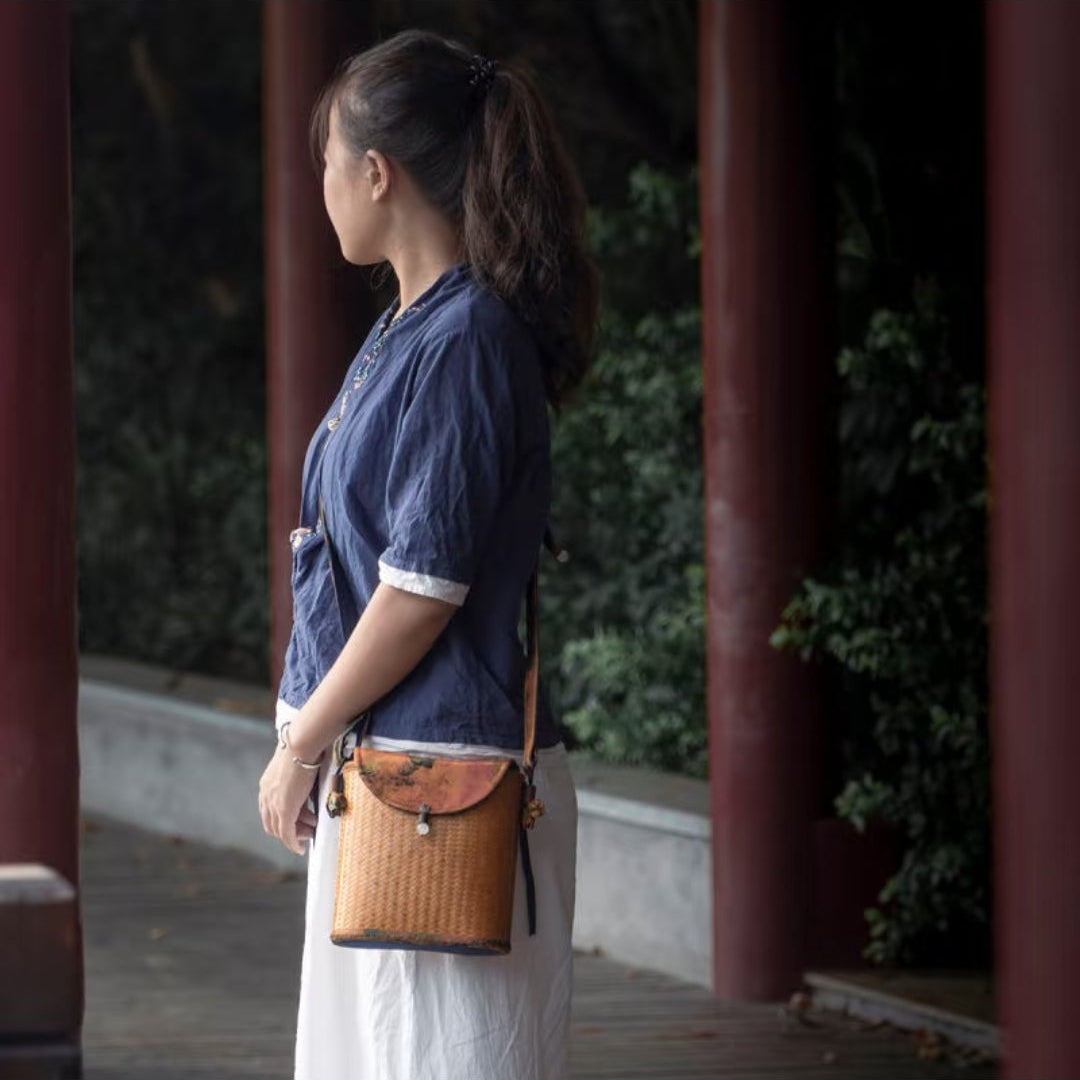 Handwoven Bamboo Crossbody Bag | Landscape Silk Flap & Jade Clasp | Oriental Handbag
