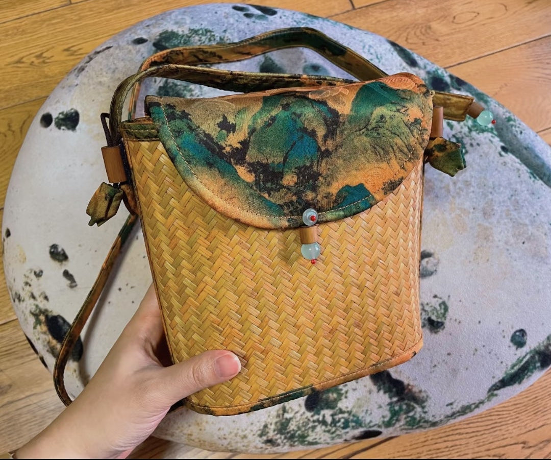 Handwoven Bamboo Crossbody Bag | Landscape Silk Flap & Jade Clasp | Oriental Handbag