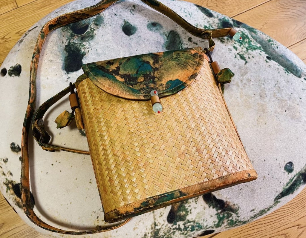 Handwoven Bamboo Crossbody Bag | Landscape Silk Flap & Jade Clasp | Oriental Handbag